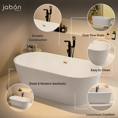 TAISOR Freestanding Bathtub 150 cm – White Glossy Acrylic Soaking Tub with Overflow Drain, Brass Pop-Up Waste & Waste Pipe, 6-Layer Reinforced Standalone Bath Tub