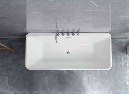 TAISOR Freestanding Bathtub 150 cm – White Glossy Acrylic Soaking Tub with Overflow Drain, Brass Pop-Up Waste & Waste Pipe, 6-Layer Reinforced Standalone Bath Tub