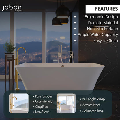 TAISOR Freestanding Bathtub 150 cm – White Glossy Acrylic Soaking Tub with Overflow Drain, Brass Pop-Up Waste & Waste Pipe, 6-Layer Reinforced Standalone Bath Tub