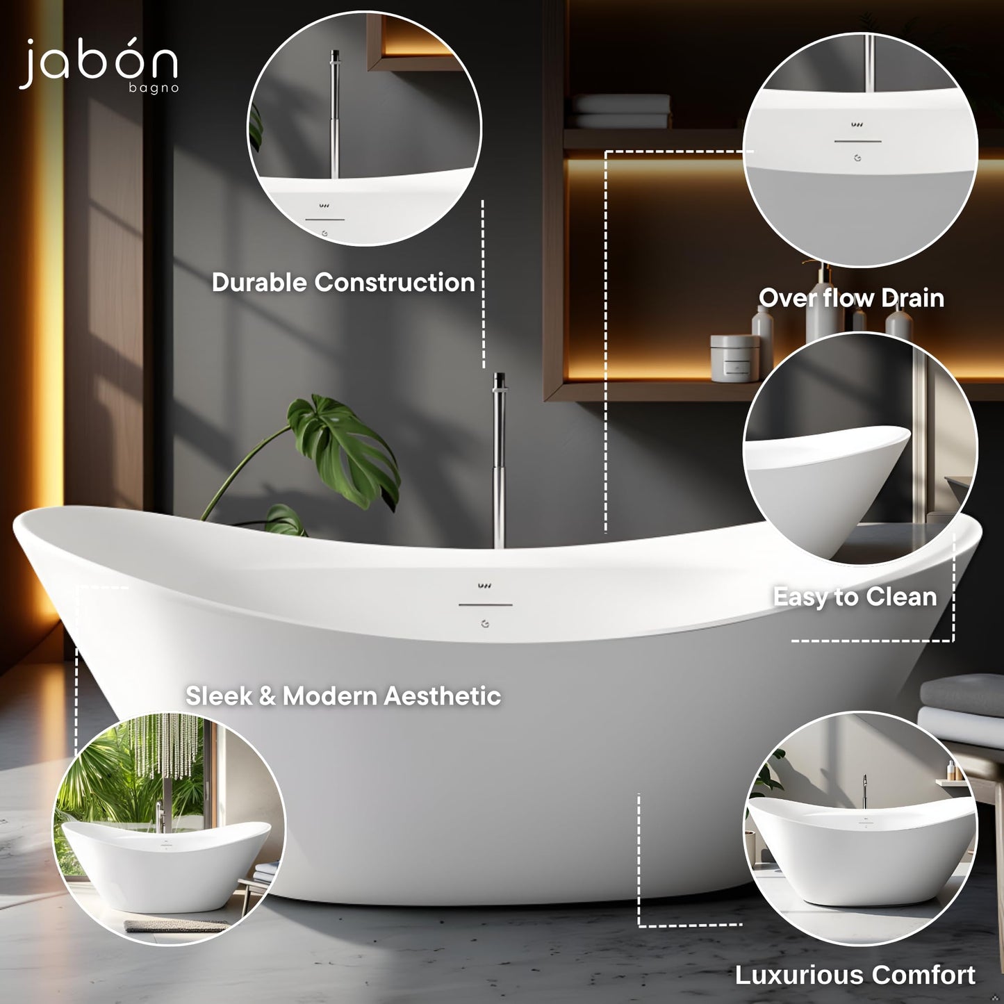 TAISOR Freestanding Bathtub 150 cm – White Glossy Acrylic Soaking Tub with Overflow Drain, Brass Pop-Up Waste & Waste Pipe, 6-Layer Reinforced Standalone Bath Tub