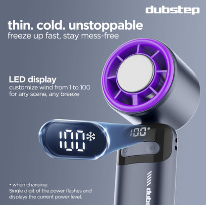 Dubstep Flo-Ice Mini Handheld USB Rechargeable Cooling Fan with Lanyard, LED Digital Display, 5x Speed Mode, 10,000 RPM, Built-in Chiller Tech, Multi-Angle Adjustment, Purple/Black
