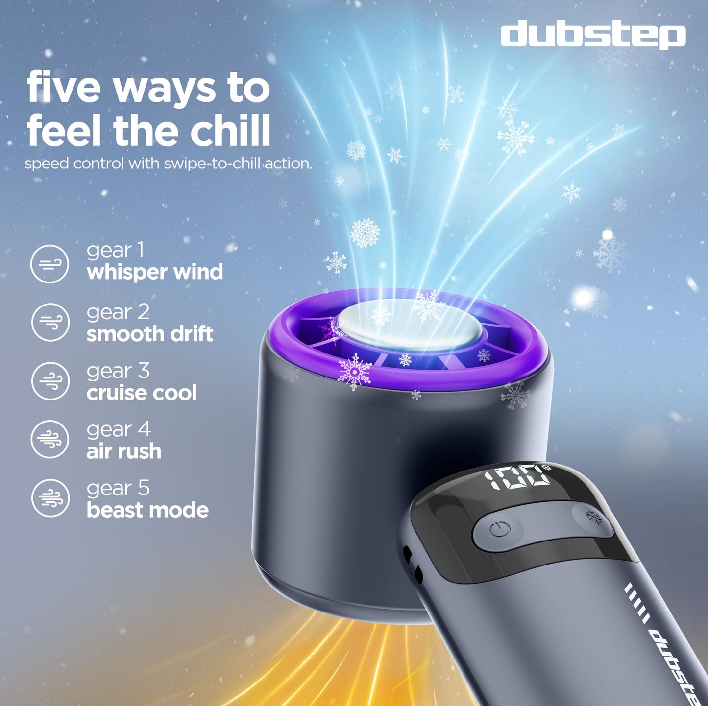 Dubstep Flo-Ice Mini Handheld USB Rechargeable Cooling Fan with Lanyard, LED Digital Display, 5x Speed Mode, 10,000 RPM, Built-in Chiller Tech, Multi-Angle Adjustment, Purple/Black