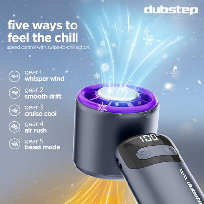 Dubstep Flo-Ice Mini Handheld USB Rechargeable Cooling Fan with Lanyard, LED Digital Display, 5x Speed Mode, 10,000 RPM, Built-in Chiller Tech, Multi-Angle Adjustment, Purple/Black