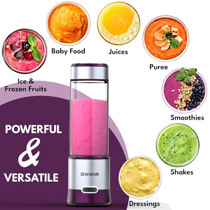 OWNAIR Portable Blender | Smoothie & Juice Maker | 180W Blender Mixer Grinder | 5000mAh Rechargeable Portable Juicer | 450ml High Borosilicate Glass Jar | Baby Food & Smoothie Maker | Grey & Purple