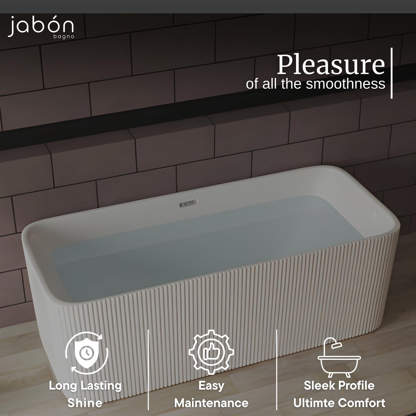 TAISOR Freestanding Bathtub 150 cm – White Glossy Acrylic Soaking Tub with Overflow Drain, Brass Pop-Up Waste & Waste Pipe, 6-Layer Reinforced Standalone Bath Tub