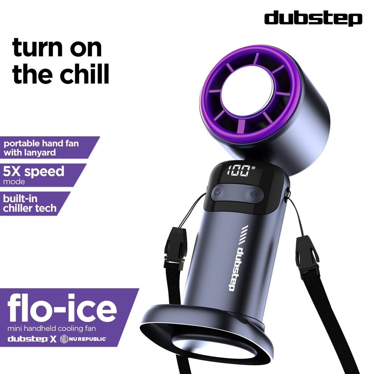 Dubstep Flo-Ice Mini Handheld USB Rechargeable Cooling Fan with Lanyard, LED Digital Display, 5x Speed Mode, 10,000 RPM, Built-in Chiller Tech, Multi-Angle Adjustment, Purple/Black