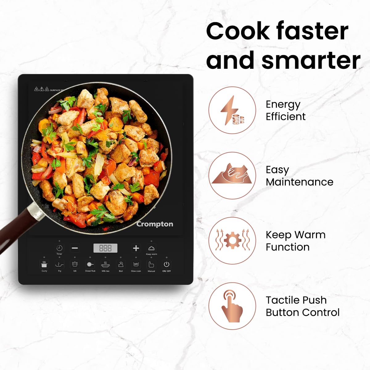 Crompton Instaserve 1600 W Induction Cooktop | 7 One touch Indian Menus | Overvoltage Shield Protection | 1 Year Warranty