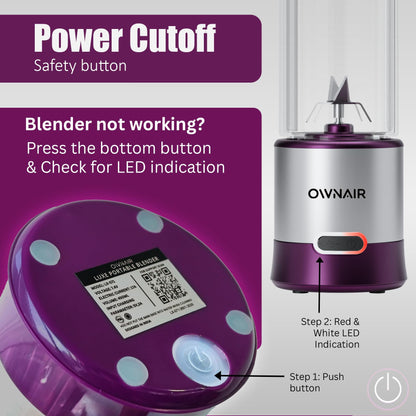 OWNAIR Portable Blender | Smoothie & Juice Maker | 180W Blender Mixer Grinder | 5000mAh Rechargeable Portable Juicer | 450ml High Borosilicate Glass Jar | Baby Food & Smoothie Maker | Grey & Purple