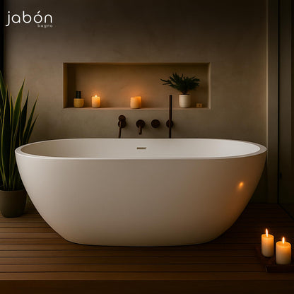 TAISOR Freestanding Bathtub 150 cm – White Glossy Acrylic Soaking Tub with Overflow Drain, Brass Pop-Up Waste & Waste Pipe, 6-Layer Reinforced Standalone Bath Tub