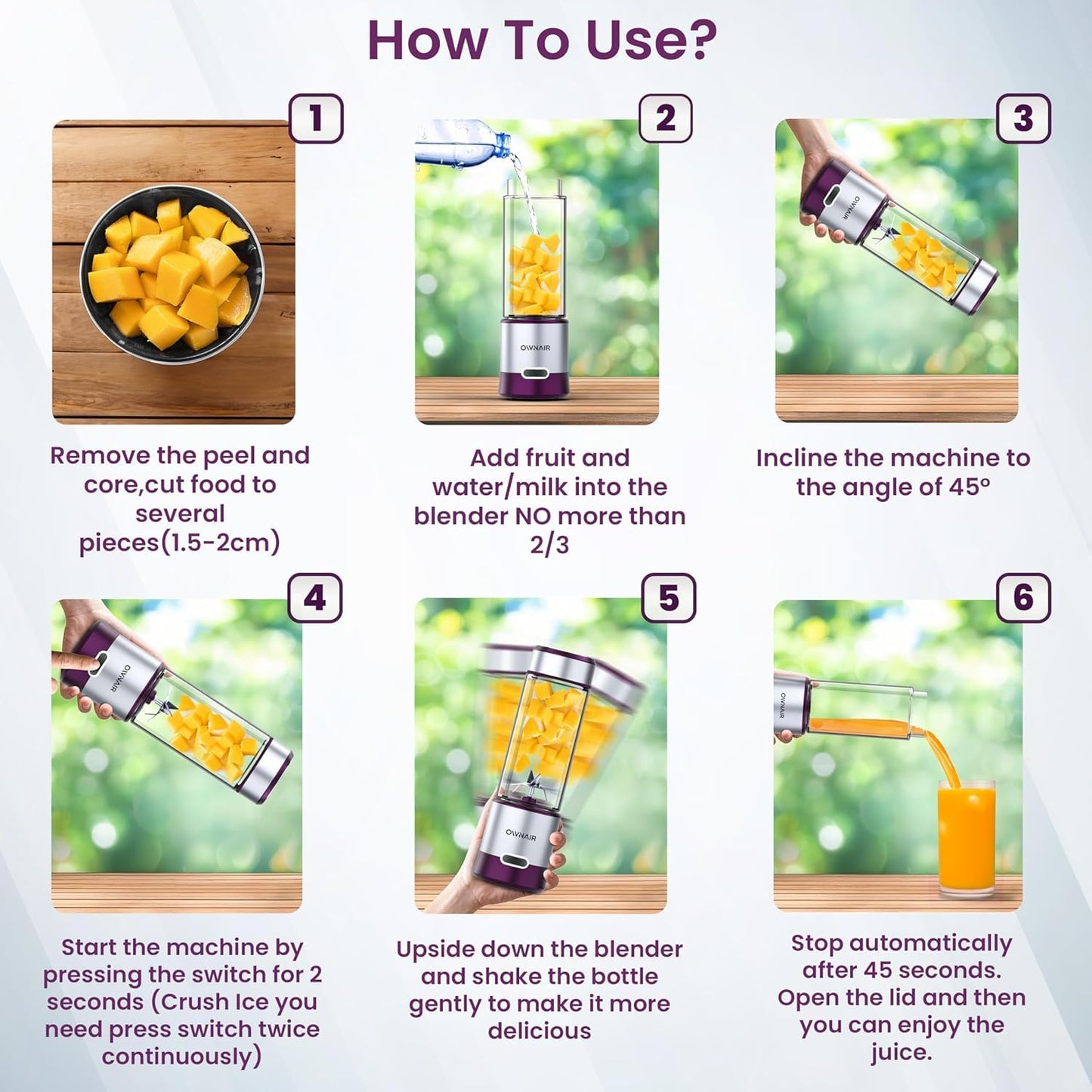 OWNAIR Portable Blender | Smoothie & Juice Maker | 180W Blender Mixer Grinder | 5000mAh Rechargeable Portable Juicer | 450ml High Borosilicate Glass Jar | Baby Food & Smoothie Maker | Grey & Purple