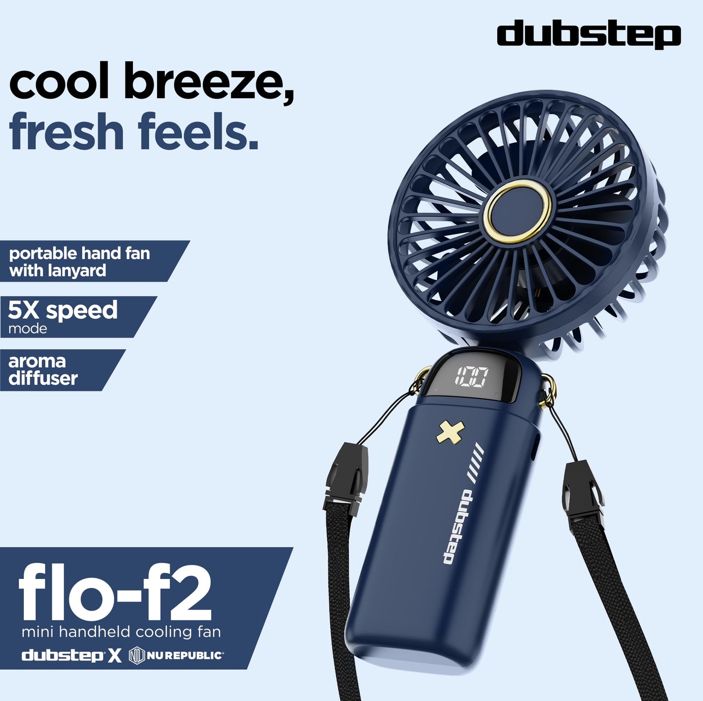 Dubstep Flo-Ice Mini Handheld USB Rechargeable Cooling Fan with Lanyard, LED Digital Display, 5x Speed Mode, 10,000 RPM, Built-in Chiller Tech, Multi-Angle Adjustment, Purple/Black