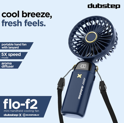 Dubstep Flo-Ice Mini Handheld USB Rechargeable Cooling Fan with Lanyard, LED Digital Display, 5x Speed Mode, 10,000 RPM, Built-in Chiller Tech, Multi-Angle Adjustment, Purple/Black