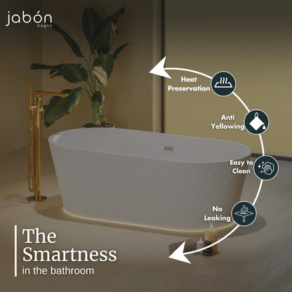 TAISOR Freestanding Bathtub 150 cm – White Glossy Acrylic Soaking Tub with Overflow Drain, Brass Pop-Up Waste & Waste Pipe, 6-Layer Reinforced Standalone Bath Tub