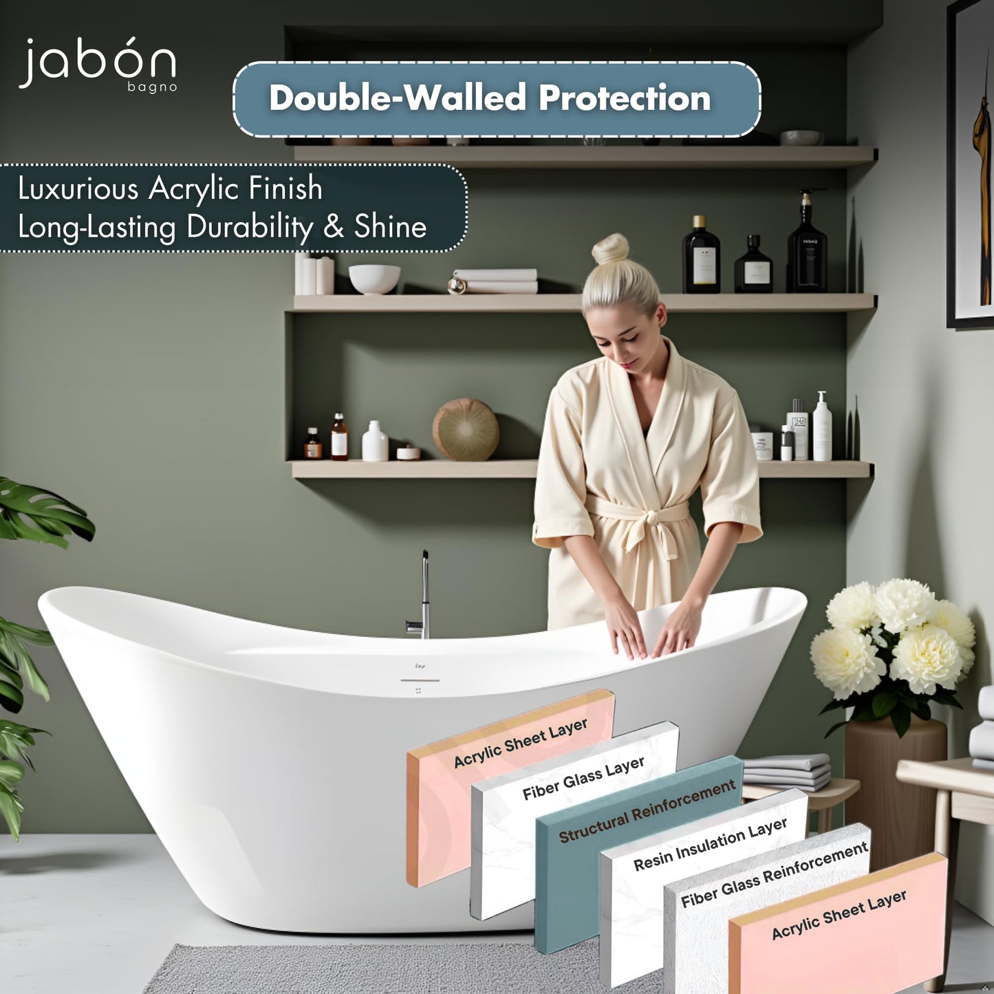 TAISOR Freestanding Bathtub 150 cm – White Glossy Acrylic Soaking Tub with Overflow Drain, Brass Pop-Up Waste & Waste Pipe, 6-Layer Reinforced Standalone Bath Tub
