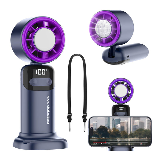 Dubstep Flo-Ice Mini Handheld USB Rechargeable Cooling Fan with Lanyard, LED Digital Display, 5x Speed Mode, 10,000 RPM, Built-in Chiller Tech, Multi-Angle Adjustment, Purple/Black