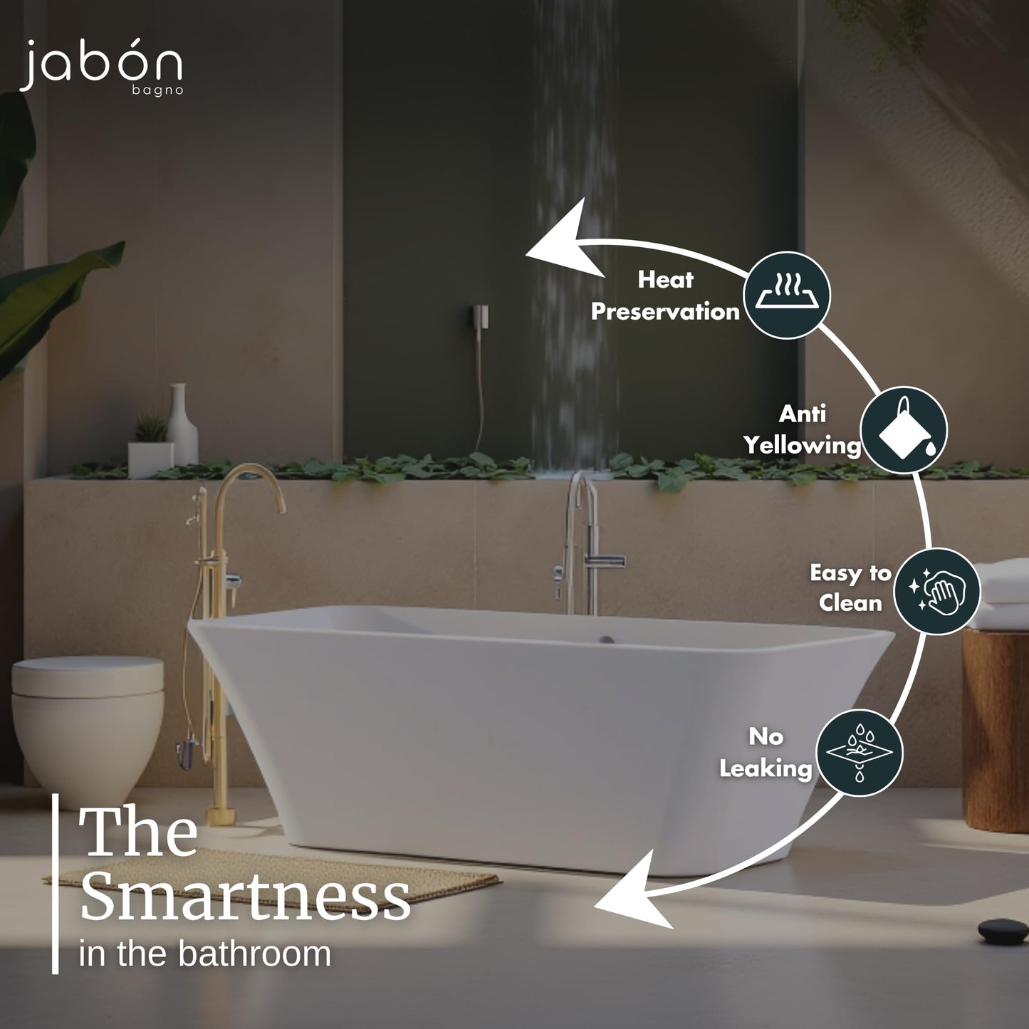 TAISOR Freestanding Bathtub 150 cm – White Glossy Acrylic Soaking Tub with Overflow Drain, Brass Pop-Up Waste & Waste Pipe, 6-Layer Reinforced Standalone Bath Tub
