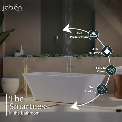 TAISOR Freestanding Bathtub 150 cm – White Glossy Acrylic Soaking Tub with Overflow Drain, Brass Pop-Up Waste & Waste Pipe, 6-Layer Reinforced Standalone Bath Tub