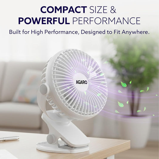 AGARO Regal Portable Clamp Fan, 1800mAh Rechargeable, USB-C Compatible Table Fan, 3 Speeds, Multi-Clip Design, 3400 RPM, Up to 5 Hours Runtime, 5-Inch Mini Fan for Home, Office, Car & Kitchen, White