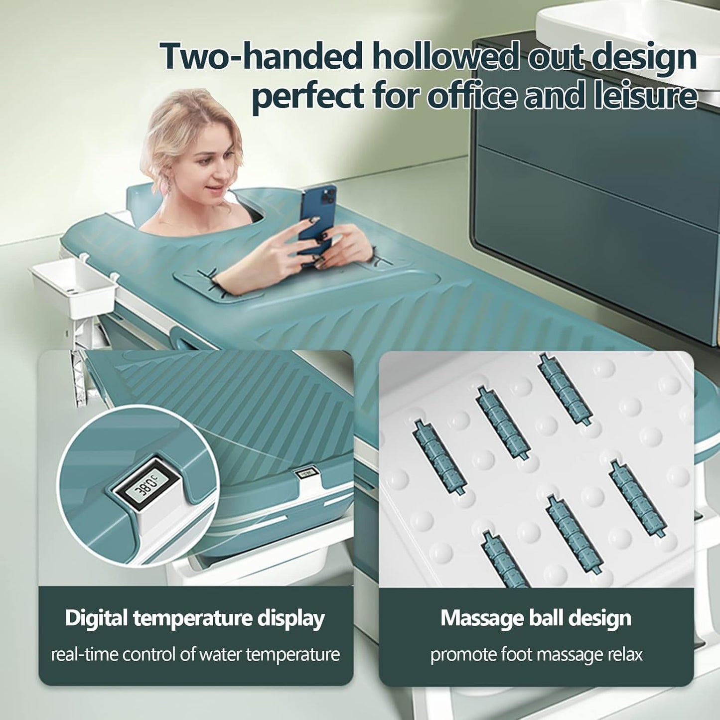 Large 6ft Foldable Bathtub for Adults (132cm) – Portable Soaking Spa with Real-Time Temperature Meter, Massage Rollers & Lid Folding Home Ice Bath & Hot Tub Bathing Tub (132L×62W×52H CM)