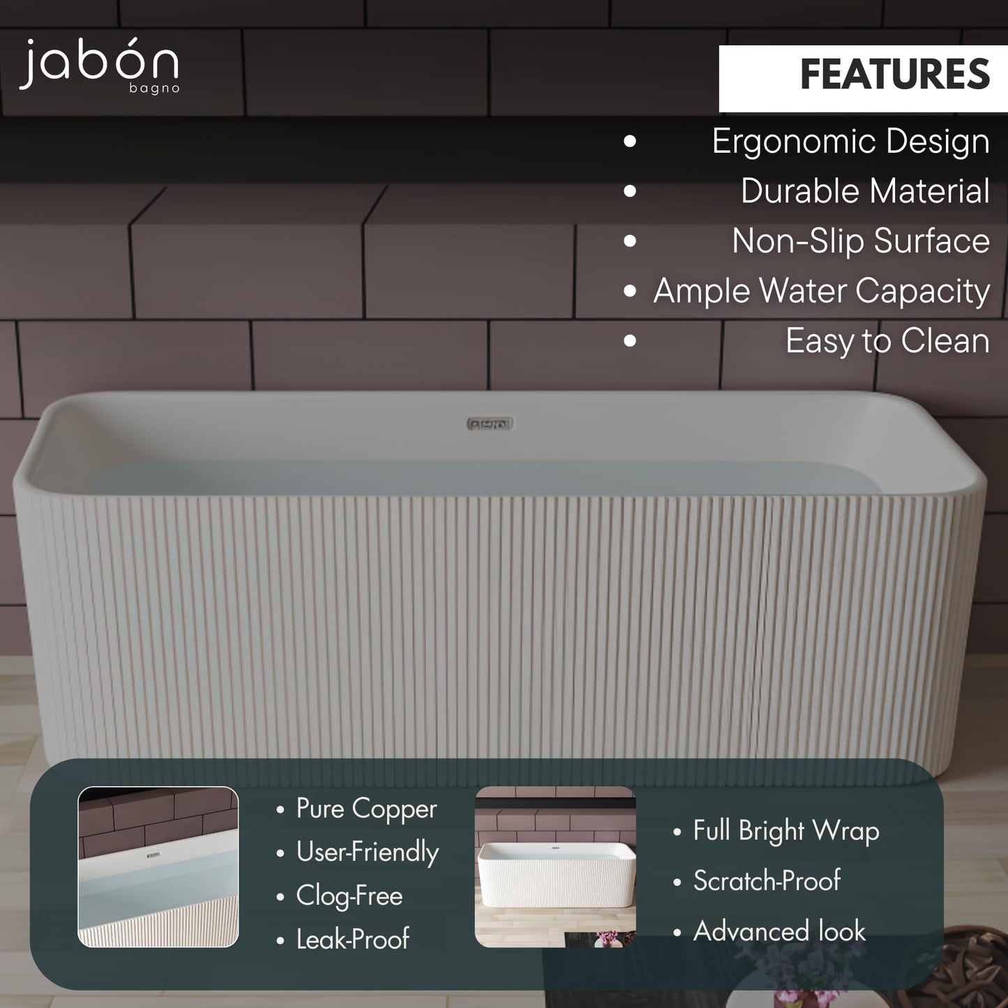 TAISOR Freestanding Bathtub 150 cm – White Glossy Acrylic Soaking Tub with Overflow Drain, Brass Pop-Up Waste & Waste Pipe, 6-Layer Reinforced Standalone Bath Tub