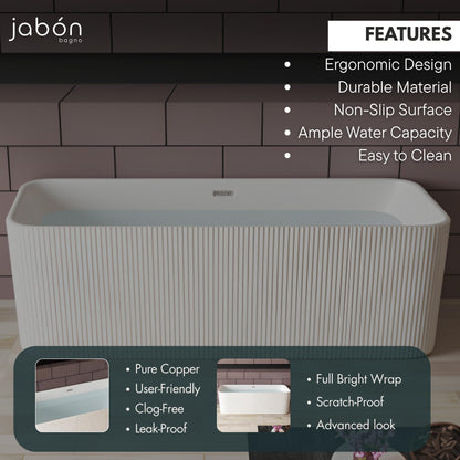 TAISOR Freestanding Bathtub 150 cm – White Glossy Acrylic Soaking Tub with Overflow Drain, Brass Pop-Up Waste & Waste Pipe, 6-Layer Reinforced Standalone Bath Tub