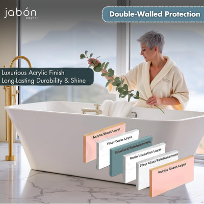 TAISOR Freestanding Bathtub 150 cm – White Glossy Acrylic Soaking Tub with Overflow Drain, Brass Pop-Up Waste & Waste Pipe, 6-Layer Reinforced Standalone Bath Tub