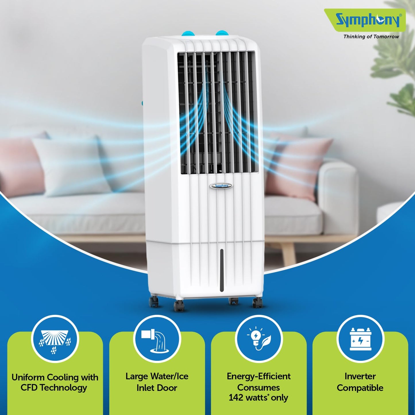 Symphony Diet 12T Tower Air Cooler | Honeycomb Cooling Pad | Powerful Blower | Auto Louver Movement | Cool Flow Dispenser | 12L | 1-Year Warranty
