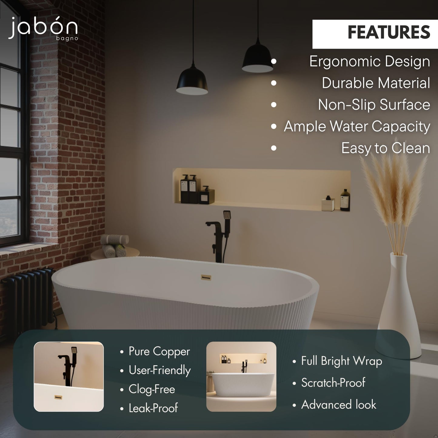 TAISOR Freestanding Bathtub 150 cm – White Glossy Acrylic Soaking Tub with Overflow Drain, Brass Pop-Up Waste & Waste Pipe, 6-Layer Reinforced Standalone Bath Tub