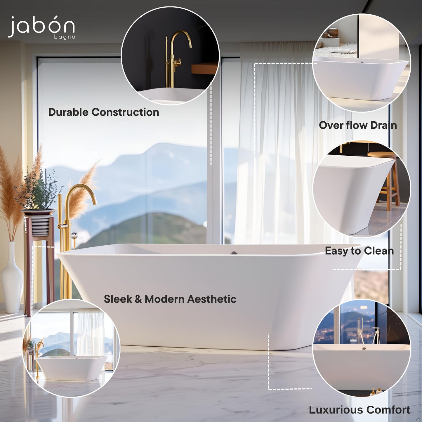 TAISOR Freestanding Bathtub 150 cm – White Glossy Acrylic Soaking Tub with Overflow Drain, Brass Pop-Up Waste & Waste Pipe, 6-Layer Reinforced Standalone Bath Tub
