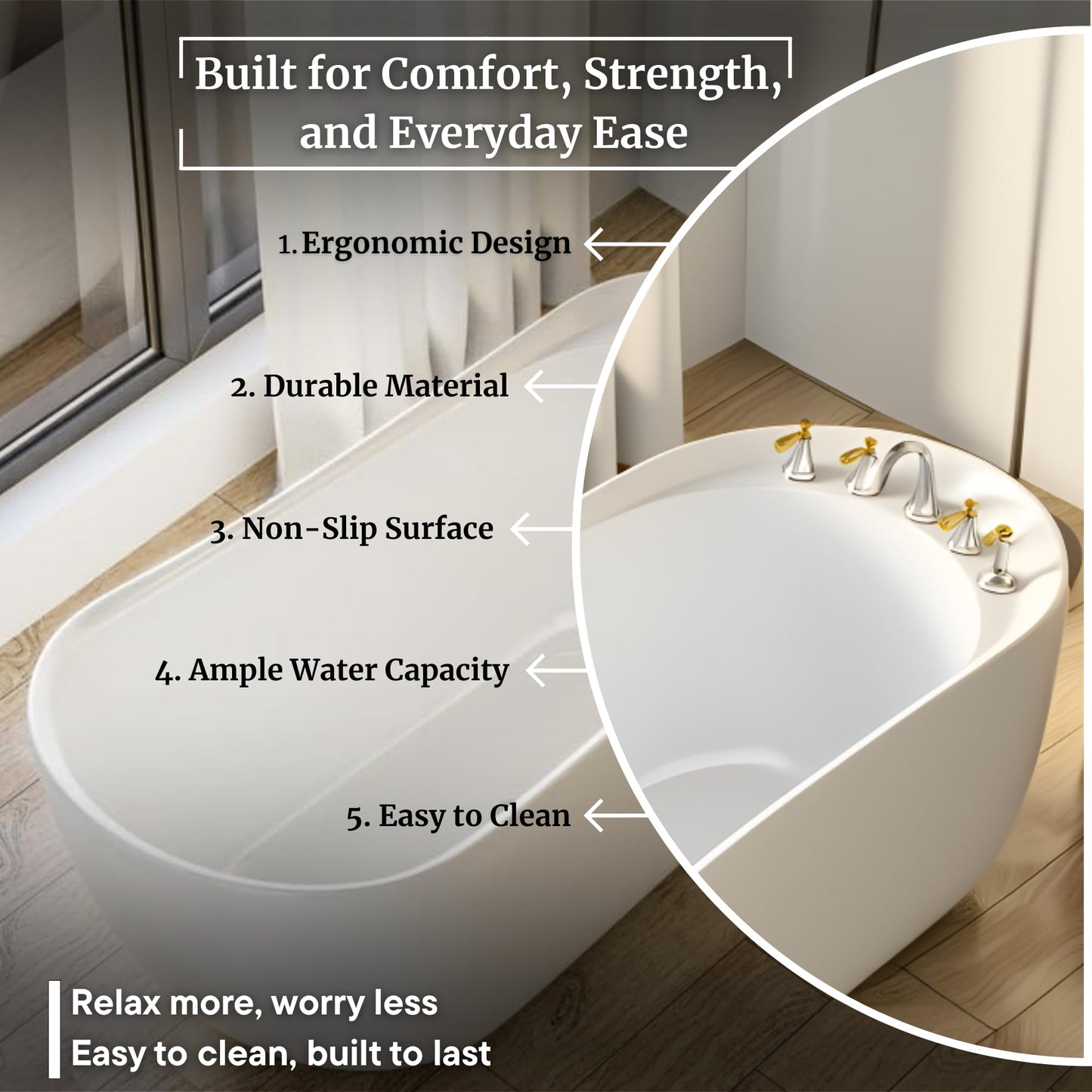 TAISOR Freestanding Bathtub 150 cm – White Glossy Acrylic Soaking Tub with Overflow Drain, Brass Pop-Up Waste & Waste Pipe, 6-Layer Reinforced Standalone Bath Tub