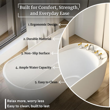 TAISOR Freestanding Bathtub 150 cm – White Glossy Acrylic Soaking Tub with Overflow Drain, Brass Pop-Up Waste & Waste Pipe, 6-Layer Reinforced Standalone Bath Tub