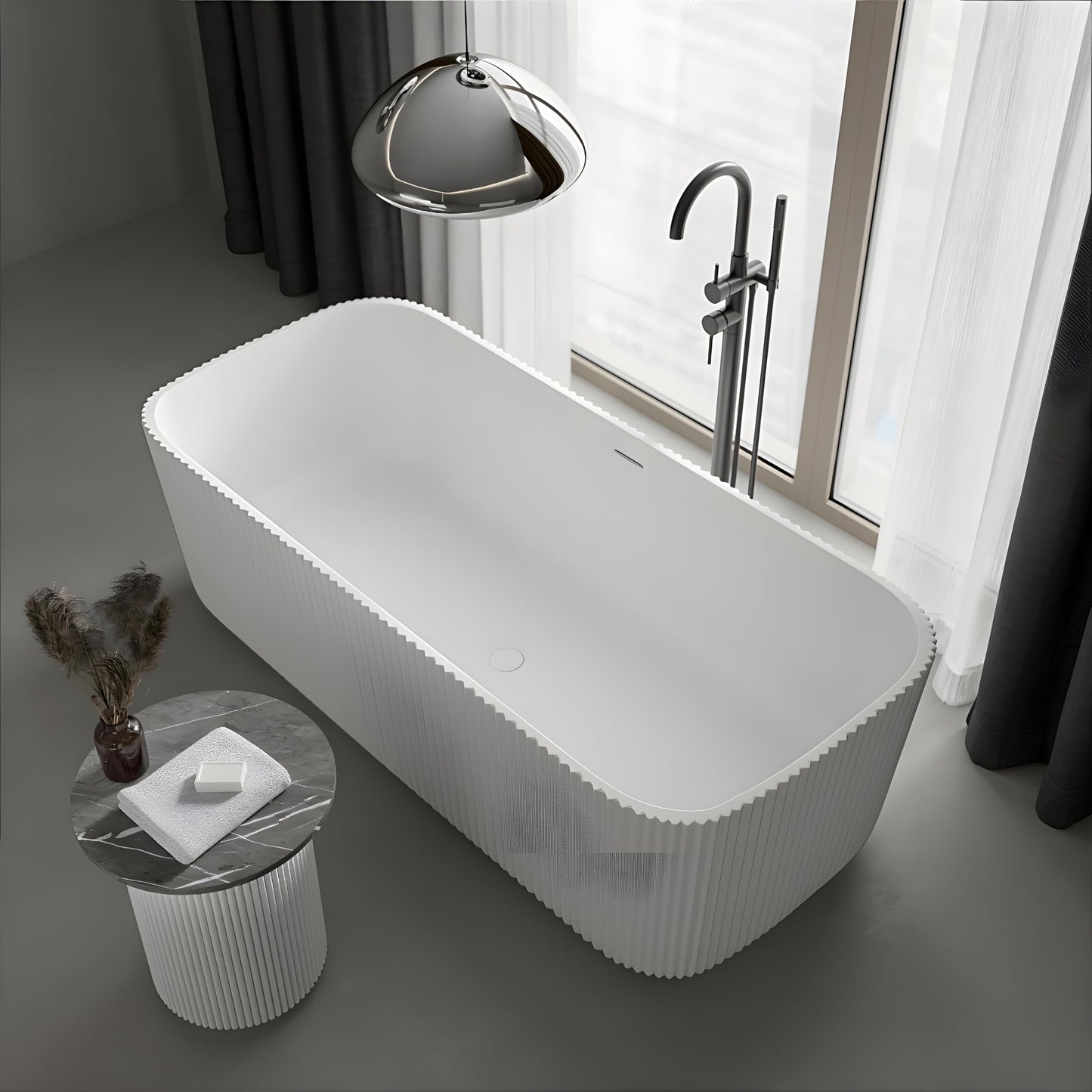 TAISOR Freestanding Bathtub 150 cm – White Glossy Acrylic Soaking Tub with Overflow Drain, Brass Pop-Up Waste & Waste Pipe, 6-Layer Reinforced Standalone Bath Tub