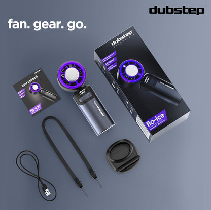 Dubstep Flo-Ice Mini Handheld USB Rechargeable Cooling Fan with Lanyard, LED Digital Display, 5x Speed Mode, 10,000 RPM, Built-in Chiller Tech, Multi-Angle Adjustment, Purple/Black