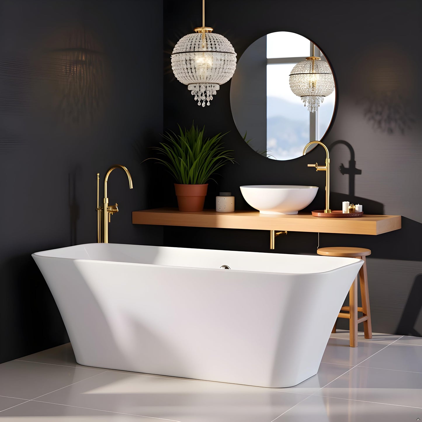 TAISOR Freestanding Bathtub 150 cm – White Glossy Acrylic Soaking Tub with Overflow Drain, Brass Pop-Up Waste & Waste Pipe, 6-Layer Reinforced Standalone Bath Tub