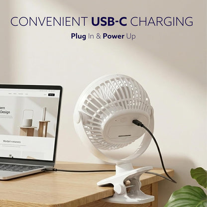 AGARO Regal Portable Clamp Fan, 1800mAh Rechargeable, USB-C Compatible Table Fan, 3 Speeds, Multi-Clip Design, 3400 RPM, Up to 5 Hours Runtime, 5-Inch Mini Fan for Home, Office, Car & Kitchen, White