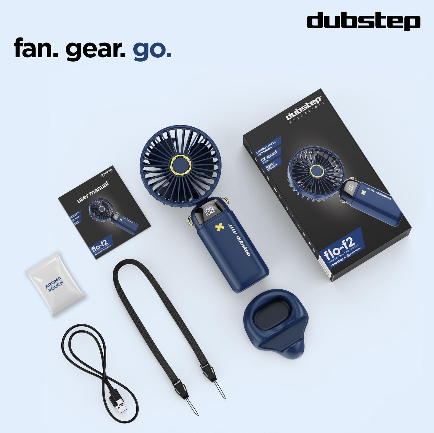 Dubstep Flo-Ice Mini Handheld USB Rechargeable Cooling Fan with Lanyard, LED Digital Display, 5x Speed Mode, 10,000 RPM, Built-in Chiller Tech, Multi-Angle Adjustment, Purple/Black
