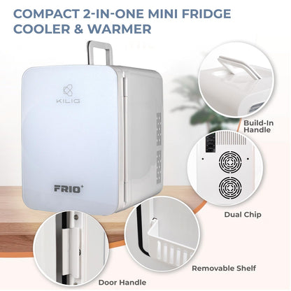 KILIG Frio Mini Fridge | Portable Cooler & Warmer | 240V AC & 12V DC Power for Home & Car | Smart Temperature Control | Perfect for Food & Beverages, Travel, Skincare, Medicine | White (Frio)