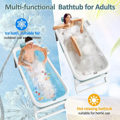 Large 6ft Foldable Bathtub for Adults (132cm) – Portable Soaking Spa with Real-Time Temperature Meter, Massage Rollers & Lid Folding Home Ice Bath & Hot Tub Bathing Tub (132L×62W×52H CM)