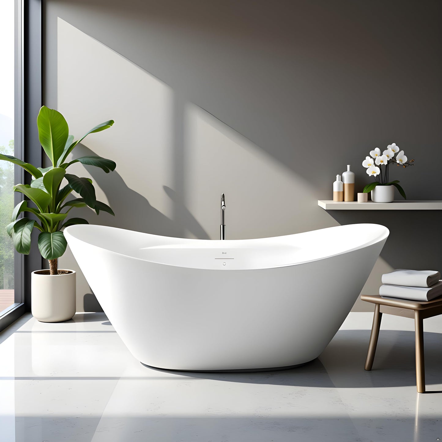 TAISOR Freestanding Bathtub 150 cm – White Glossy Acrylic Soaking Tub with Overflow Drain, Brass Pop-Up Waste & Waste Pipe, 6-Layer Reinforced Standalone Bath Tub