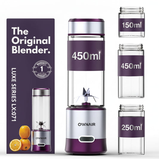 OWNAIR Portable Blender | Smoothie & Juice Maker | 180W Blender Mixer Grinder | 5000mAh Rechargeable Portable Juicer | 450ml High Borosilicate Glass Jar | Baby Food & Smoothie Maker | Grey & Purple
