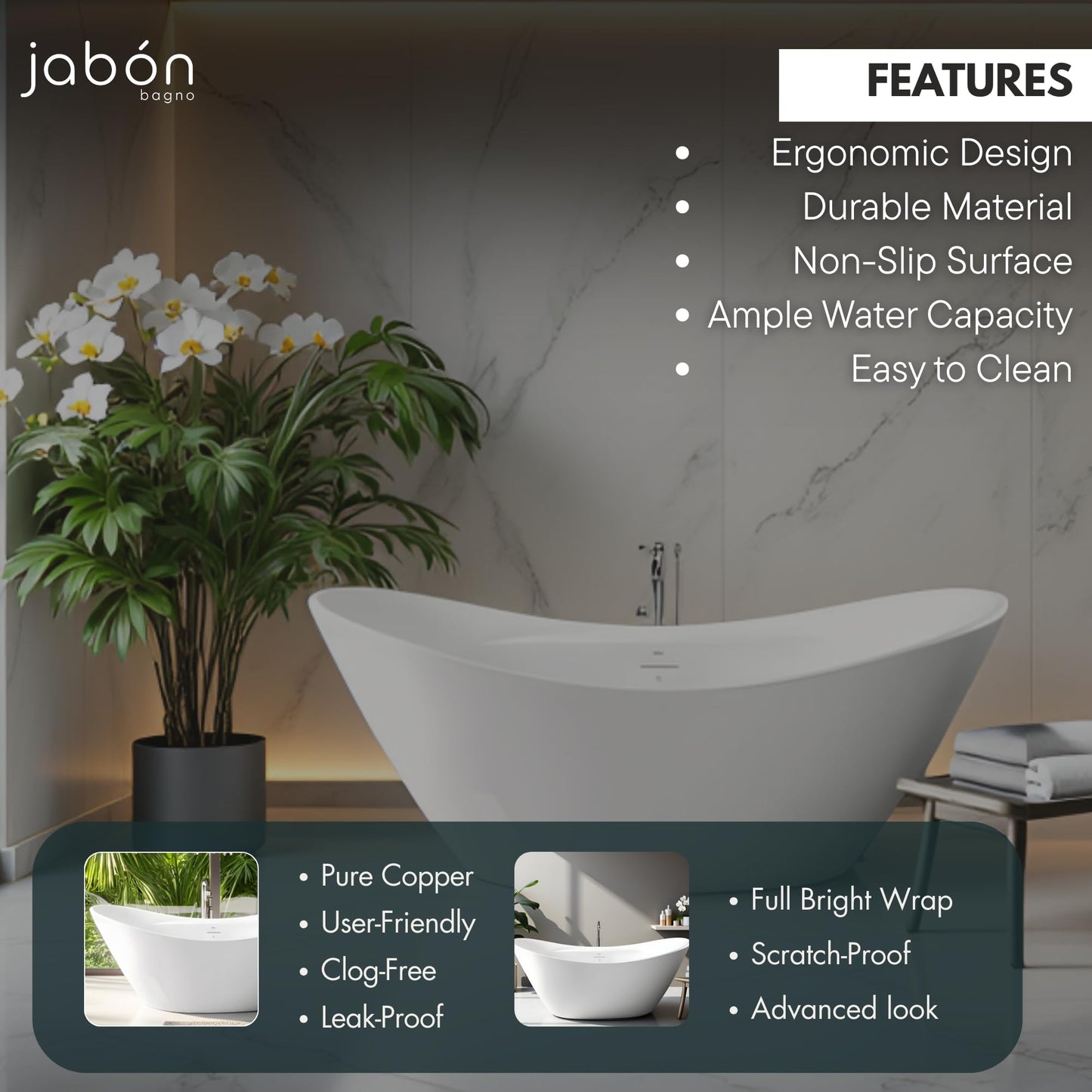 TAISOR Freestanding Bathtub 150 cm – White Glossy Acrylic Soaking Tub with Overflow Drain, Brass Pop-Up Waste & Waste Pipe, 6-Layer Reinforced Standalone Bath Tub