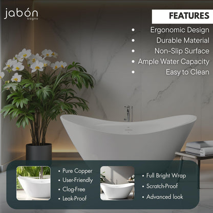TAISOR Freestanding Bathtub 150 cm – White Glossy Acrylic Soaking Tub with Overflow Drain, Brass Pop-Up Waste & Waste Pipe, 6-Layer Reinforced Standalone Bath Tub