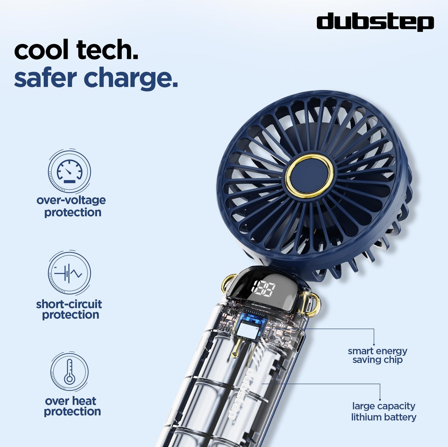 Dubstep Flo-Ice Mini Handheld USB Rechargeable Cooling Fan with Lanyard, LED Digital Display, 5x Speed Mode, 10,000 RPM, Built-in Chiller Tech, Multi-Angle Adjustment, Purple/Black