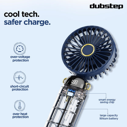 Dubstep Flo-Ice Mini Handheld USB Rechargeable Cooling Fan with Lanyard, LED Digital Display, 5x Speed Mode, 10,000 RPM, Built-in Chiller Tech, Multi-Angle Adjustment, Purple/Black
