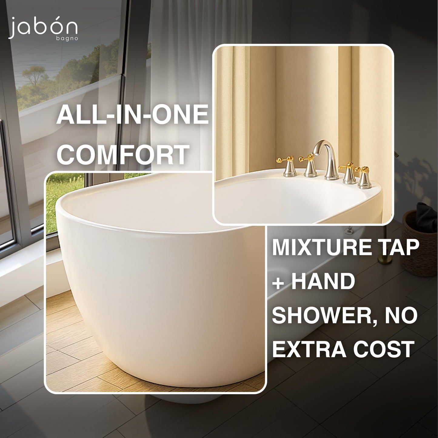 TAISOR Freestanding Bathtub 150 cm – White Glossy Acrylic Soaking Tub with Overflow Drain, Brass Pop-Up Waste & Waste Pipe, 6-Layer Reinforced Standalone Bath Tub