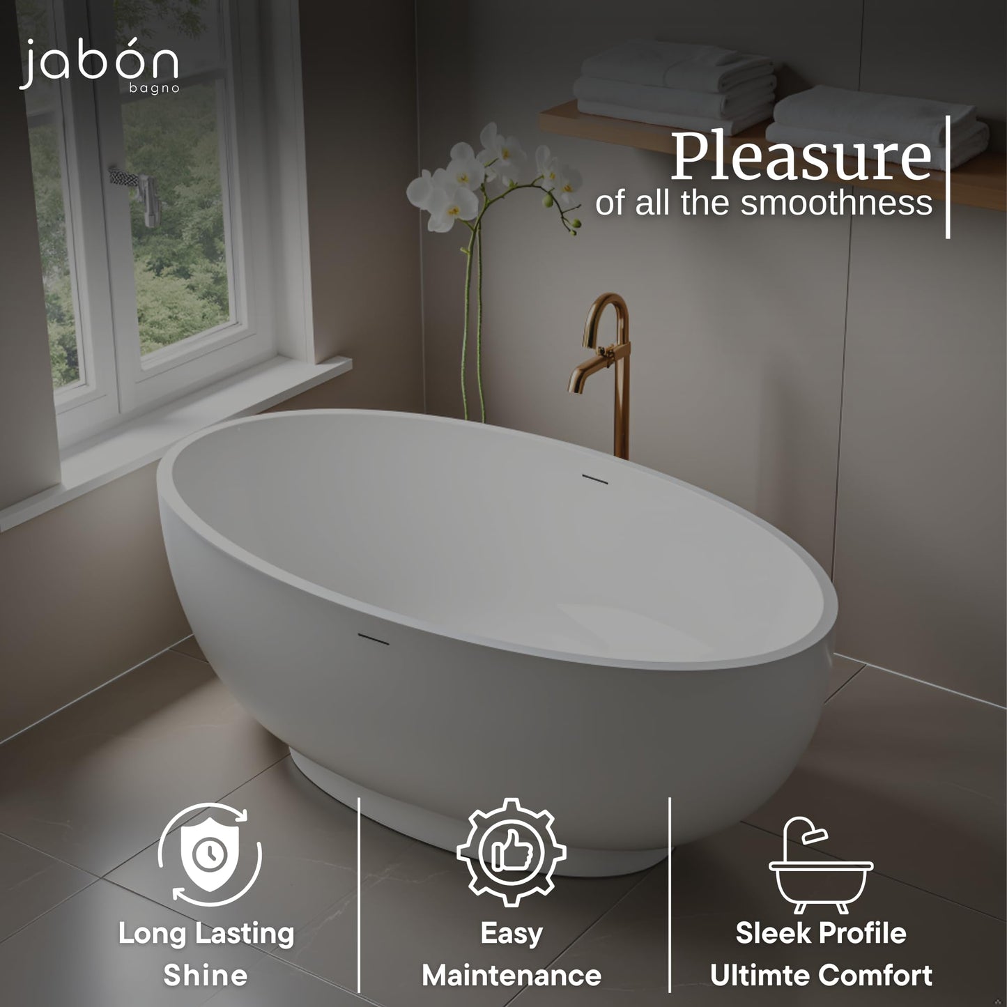 TAISOR Freestanding Bathtub 150 cm – White Glossy Acrylic Soaking Tub with Overflow Drain, Brass Pop-Up Waste & Waste Pipe, 6-Layer Reinforced Standalone Bath Tub