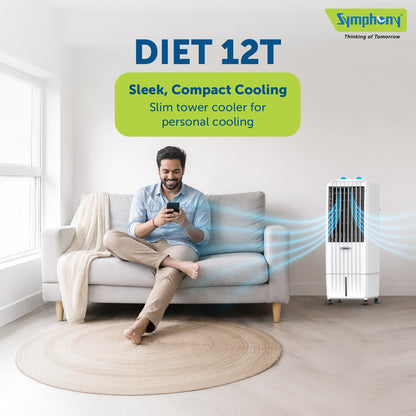 Symphony Diet 12T Tower Air Cooler | Honeycomb Cooling Pad | Powerful Blower | Auto Louver Movement | Cool Flow Dispenser | 12L | 1-Year Warranty
