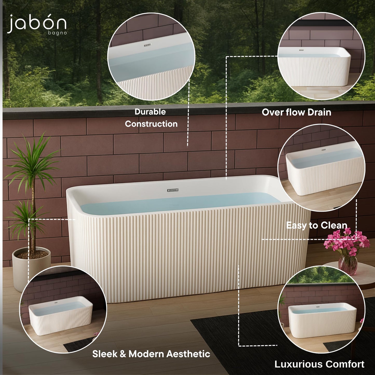 TAISOR Freestanding Bathtub 150 cm – White Glossy Acrylic Soaking Tub with Overflow Drain, Brass Pop-Up Waste & Waste Pipe, 6-Layer Reinforced Standalone Bath Tub