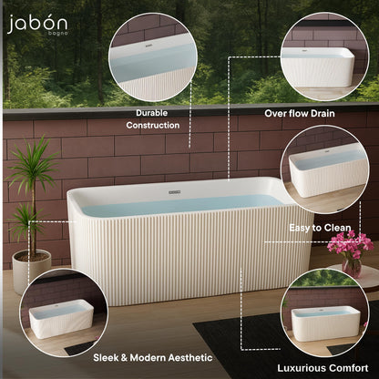 TAISOR Freestanding Bathtub 150 cm – White Glossy Acrylic Soaking Tub with Overflow Drain, Brass Pop-Up Waste & Waste Pipe, 6-Layer Reinforced Standalone Bath Tub