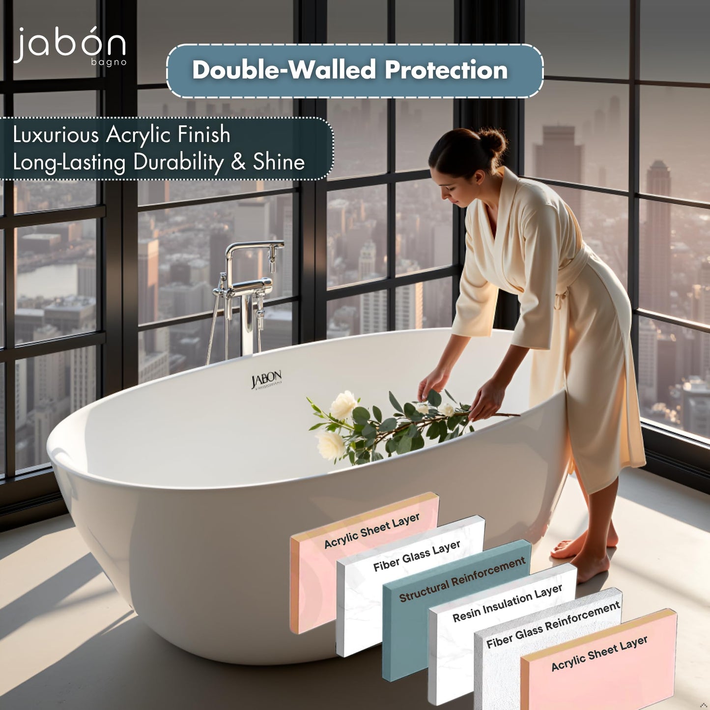 TAISOR Freestanding Bathtub 150 cm – White Glossy Acrylic Soaking Tub with Overflow Drain, Brass Pop-Up Waste & Waste Pipe, 6-Layer Reinforced Standalone Bath Tub